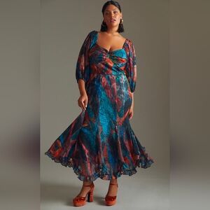 NWOT Anthropologie Hutch Printed Twist-Front Puff-Sleeve Ruffle-Hem Dress  12P